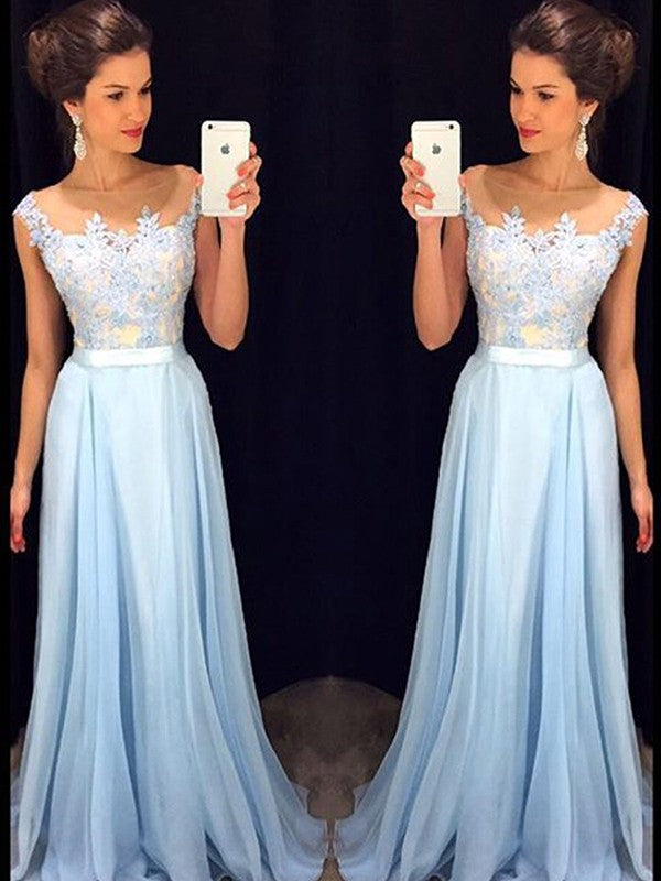 A-Line Chiffon Sheer Neck Sleeveless Floor-Length Train With Applique Prom Dress