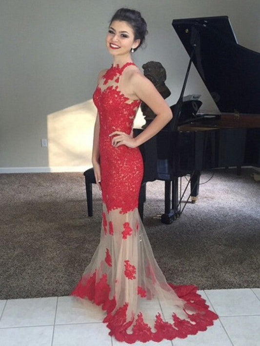 Mermaid Net High Neck Sleeveless Sweep/Brush Train With Applique Prom Dress