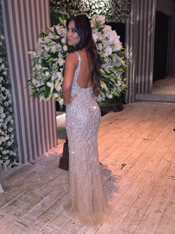 Mermaid Tulle V-neck Sleeveless Sweep/Brush Train With Crystal Prom Dress