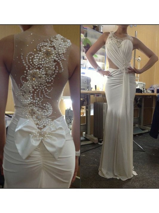 Mermaid Silk like Satin Scoop Sleeveless Sweep/Brush Train With Pearls Prom Dress