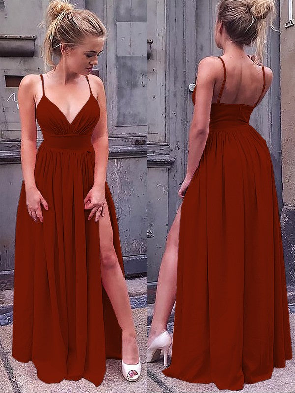 A-Line Sleeveless Straps Floor-Length With Ruched Stretch Crepe Bridesmaid Dresses