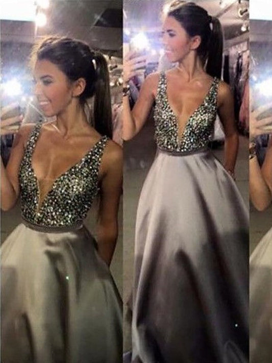 A-Line V-Neck Sleeveless Sweep/Brush Train With Beading Satin Prom Dress