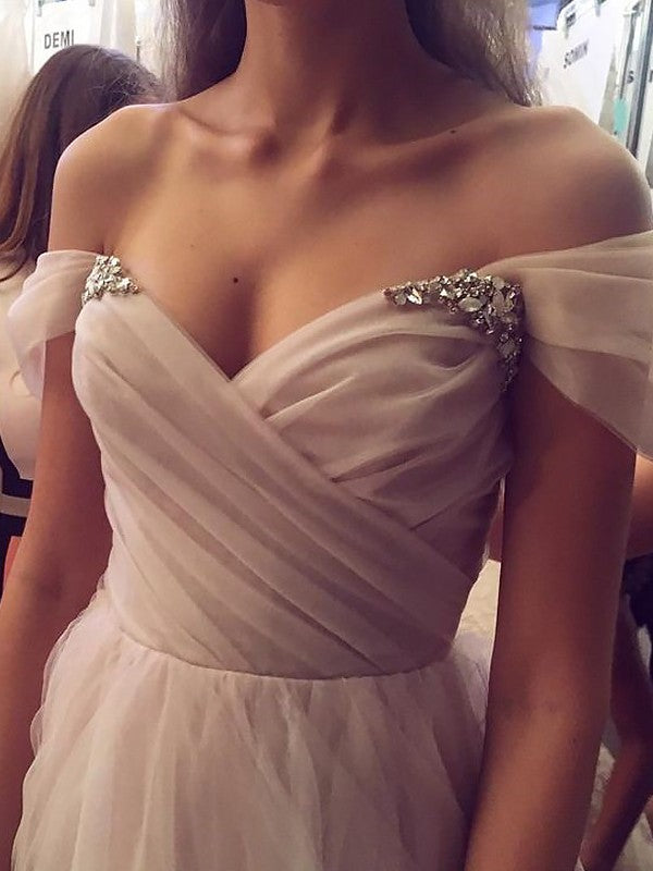 A-Line Sleeveless Off-the-Shoulder Tulle With Beading Sweep/Brush Train Prom Dress