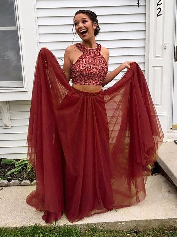 A-Line Sleeveless Halter Tulle With Beading Floor-Length Two Piece Prom Dress