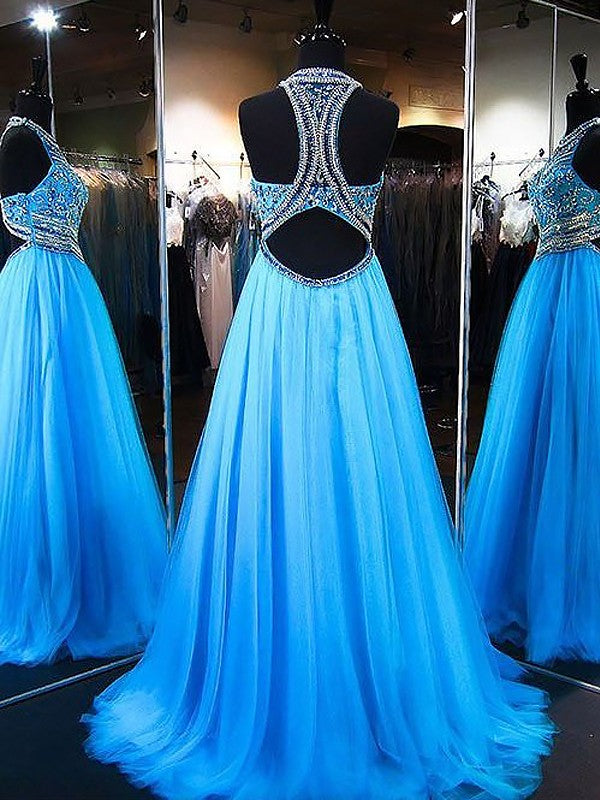 A-Line Jewel Sleeveless Sweep/Brush Train With Beading Tulle Prom Dress