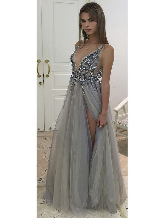 A-Line V-Neck Sleeveless Floor-Length With Beading Tulle Prom Dress