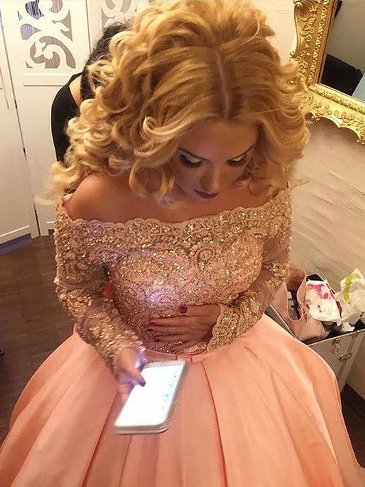 Ball Gown Long Sleeves Off-the-Shoulder With Beading Satin Court Train Prom Dress