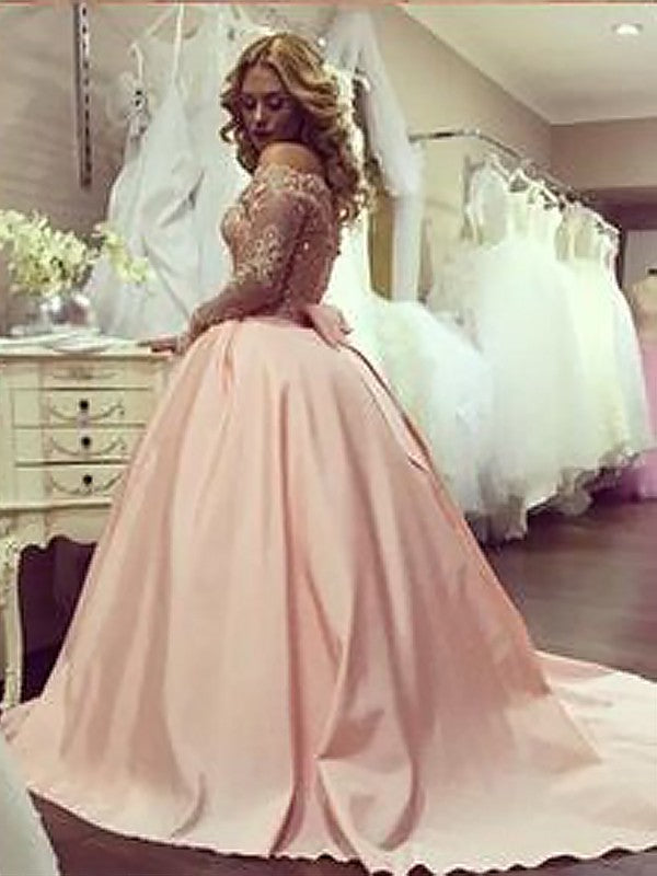 Ball Gown Long Sleeves Off-the-Shoulder With Beading Satin Court Train Prom Dress