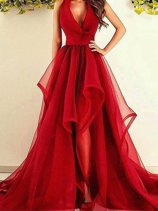 A-Line V-Neck Sleeveless Court Train With Ruffles Organza Prom Dress