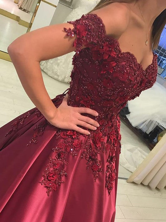 Ball Gown Sleeveless Off-the-Shoulder With Applique Satin Floor-Length Prom Dress