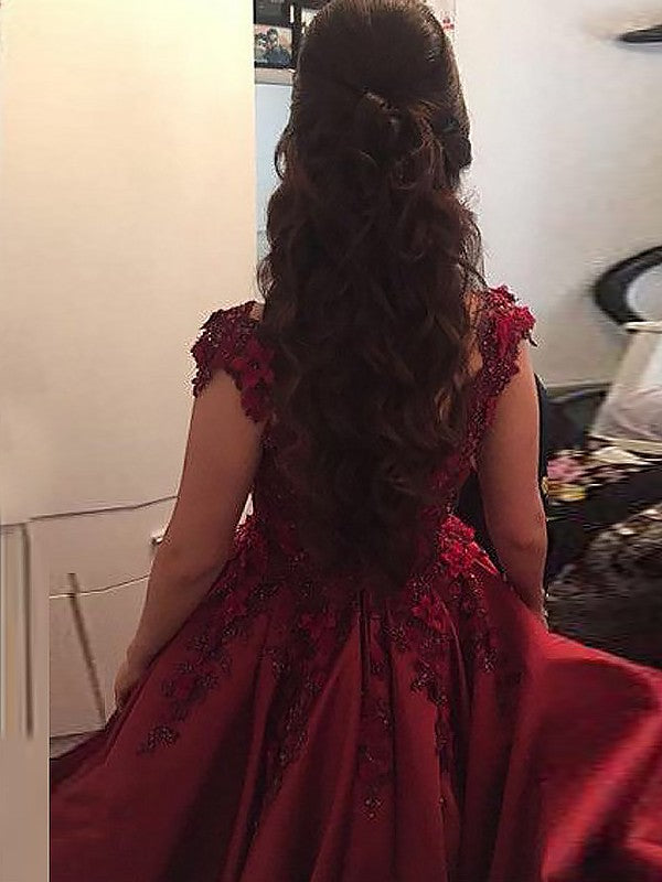 Ball Gown Sleeveless Off-the-Shoulder With Applique Satin Floor-Length Prom Dress