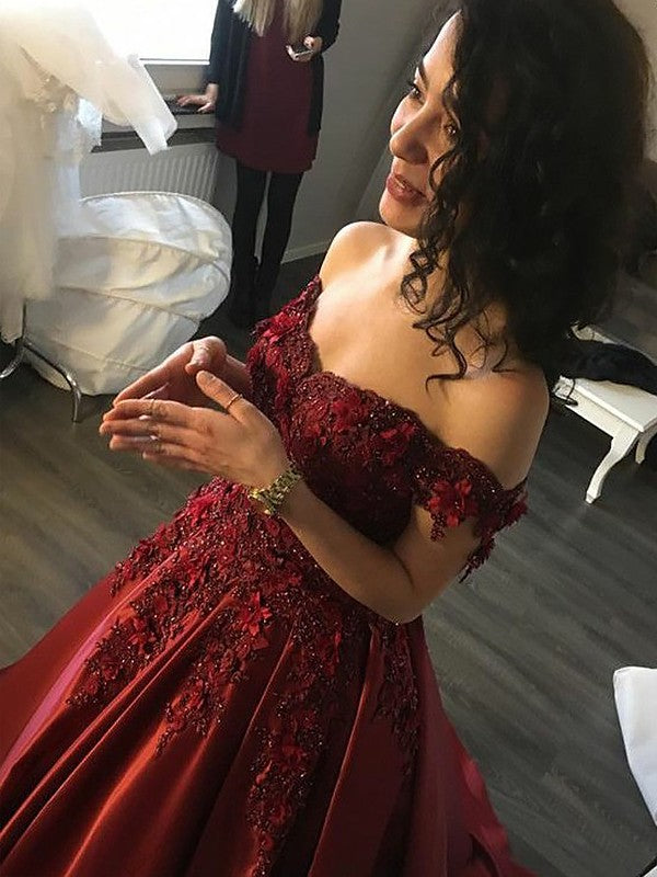 Ball Gown Sleeveless Off-the-Shoulder With Applique Satin Floor-Length Prom Dress