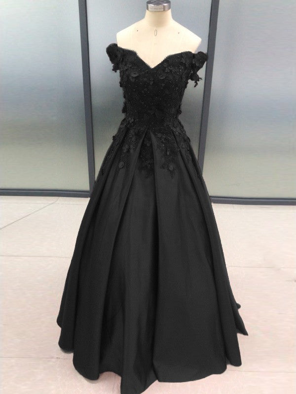 Ball Gown Sleeveless Off-the-Shoulder With Applique Satin Floor-Length Prom Dress