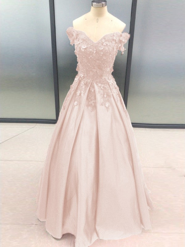 Ball Gown Sleeveless Off-the-Shoulder With Applique Satin Floor-Length Prom Dress
