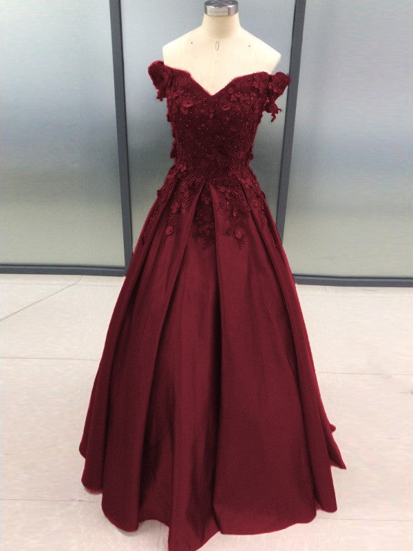 Ball Gown Sleeveless Off-the-Shoulder With Applique Satin Floor-Length Prom Dress