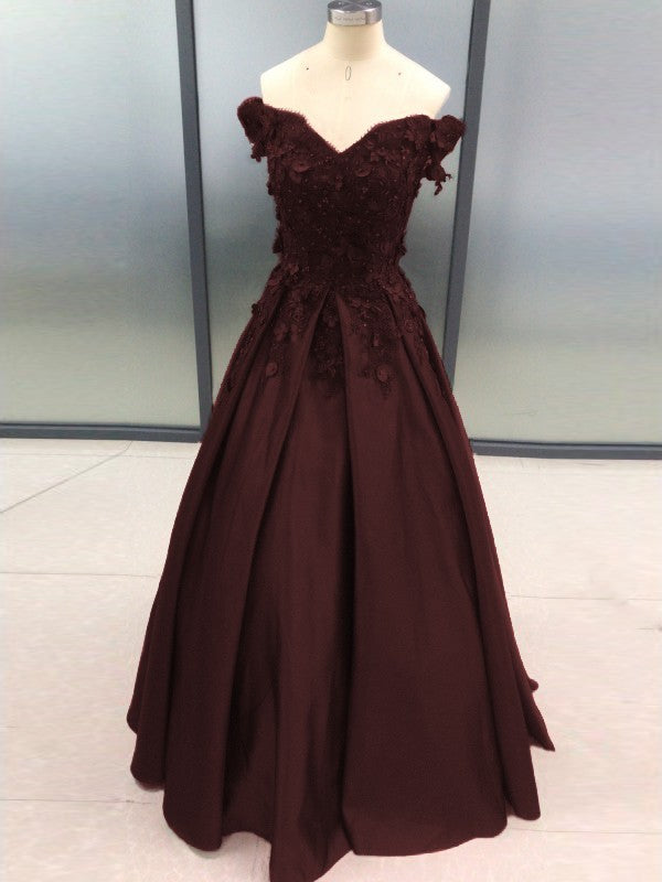 Ball Gown Sleeveless Off-the-Shoulder With Applique Satin Floor-Length Prom Dress