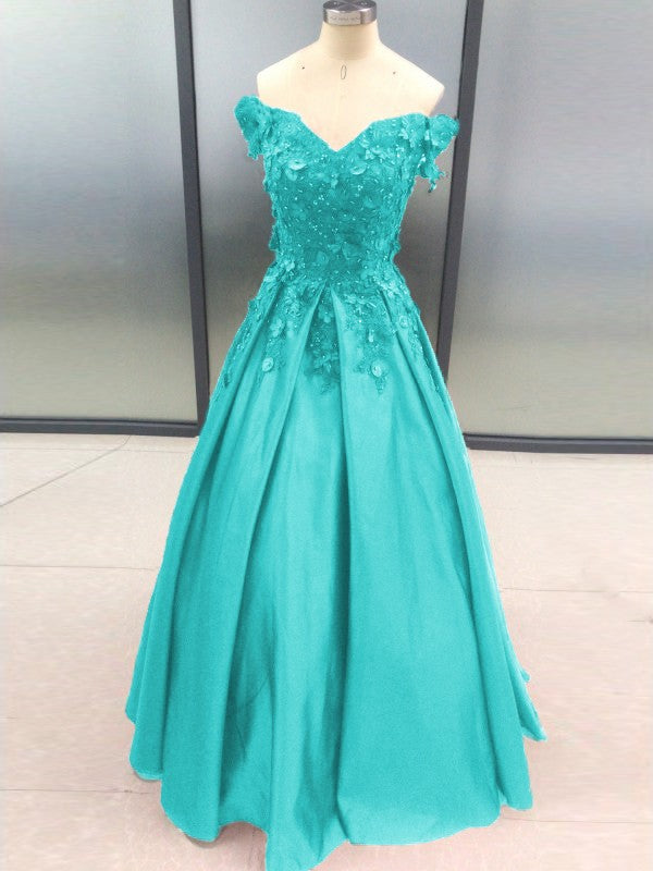 Ball Gown Sleeveless Off-the-Shoulder With Applique Satin Floor-Length Prom Dress
