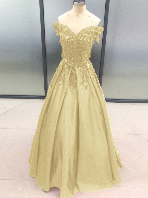Ball Gown Sleeveless Off-the-Shoulder With Applique Satin Floor-Length Prom Dress