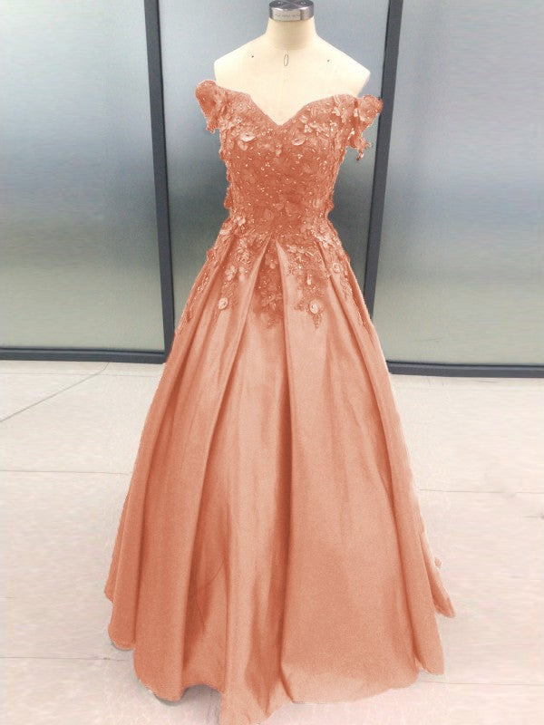 Ball Gown Sleeveless Off-the-Shoulder With Applique Satin Floor-Length Prom Dress