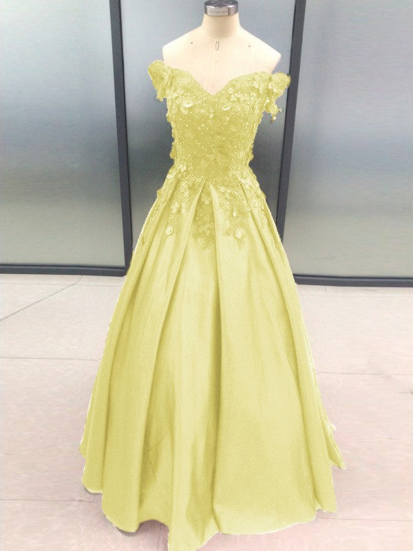 Ball Gown Sleeveless Off-the-Shoulder With Applique Satin Floor-Length Prom Dress