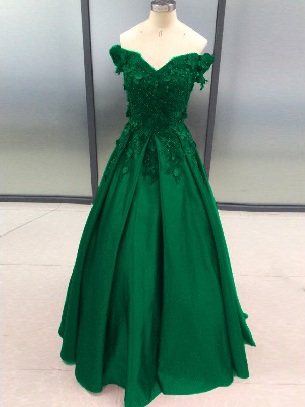 Ball Gown Sleeveless Off-the-Shoulder With Applique Satin Floor-Length Prom Dress