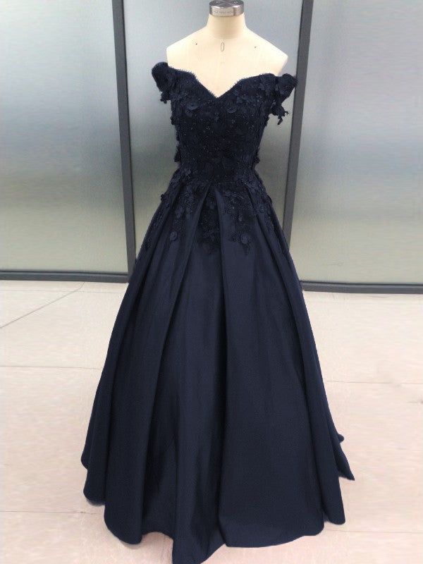 Ball Gown Sleeveless Off-the-Shoulder With Applique Satin Floor-Length Prom Dress