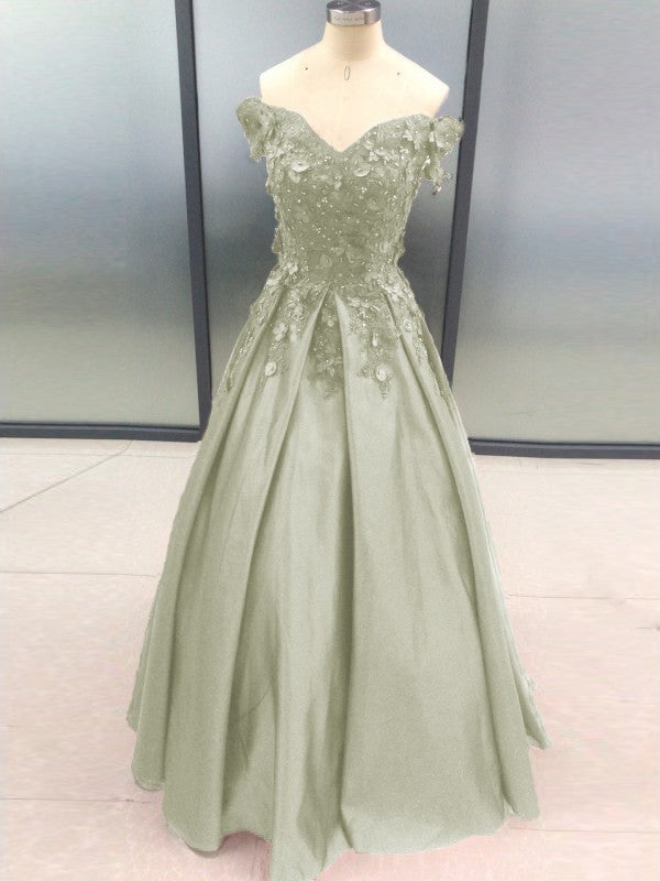 Ball Gown Sleeveless Off-the-Shoulder With Applique Satin Floor-Length Prom Dress