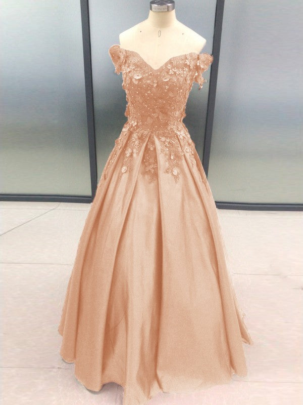 Ball Gown Sleeveless Off-the-Shoulder With Applique Satin Floor-Length Prom Dress