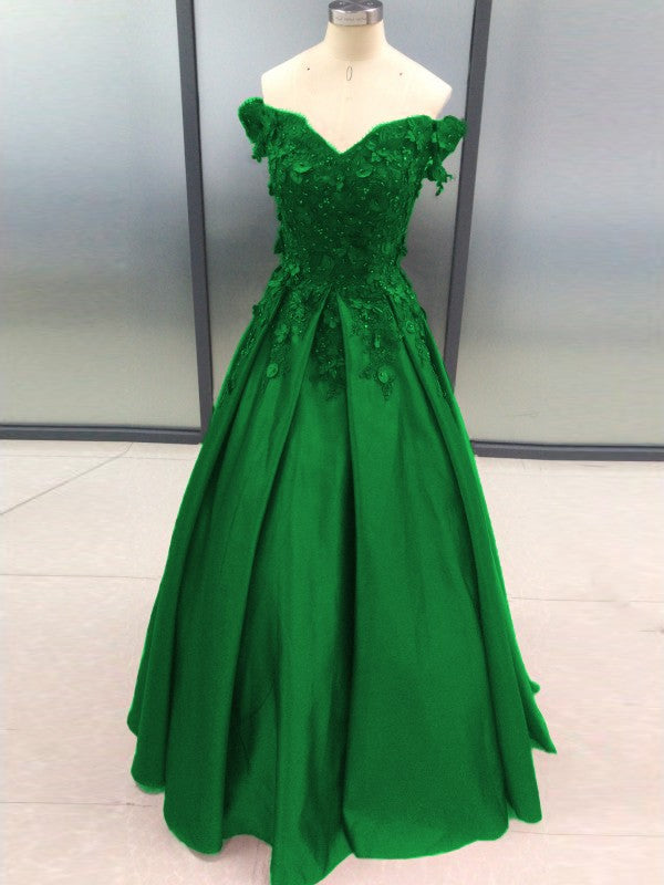 Ball Gown Sleeveless Off-the-Shoulder With Applique Satin Floor-Length Prom Dress