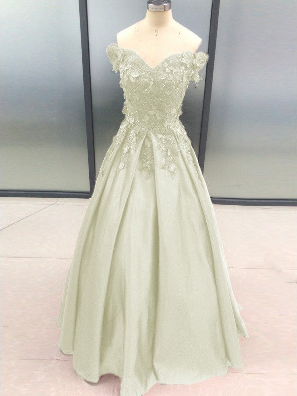 Ball Gown Sleeveless Off-the-Shoulder With Applique Satin Floor-Length Prom Dress
