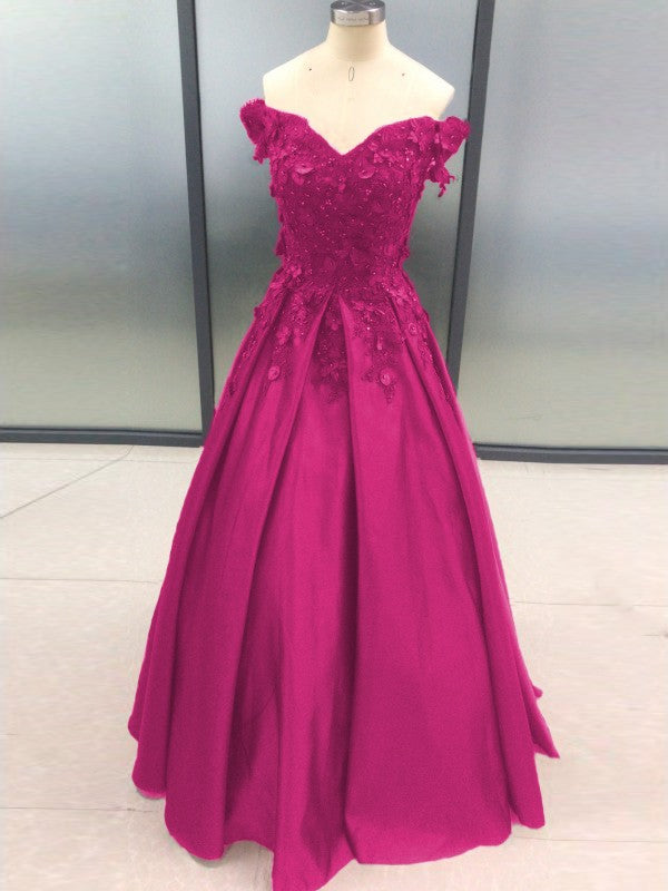 Ball Gown Sleeveless Off-the-Shoulder With Applique Satin Floor-Length Prom Dress