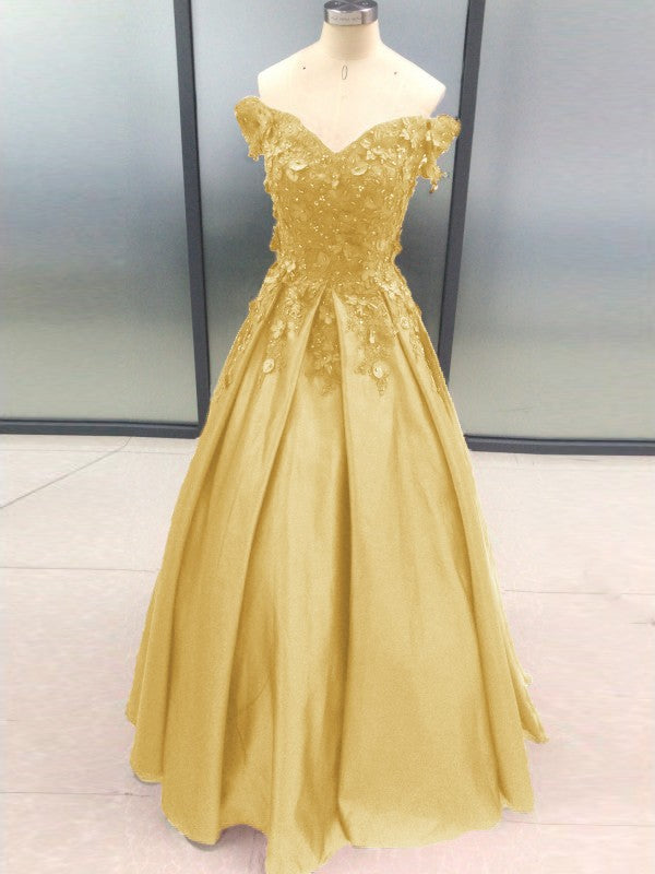 Ball Gown Sleeveless Off-the-Shoulder With Applique Satin Floor-Length Prom Dress