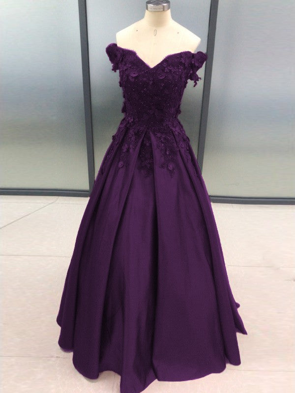 Ball Gown Sleeveless Off-the-Shoulder With Applique Satin Floor-Length Prom Dress
