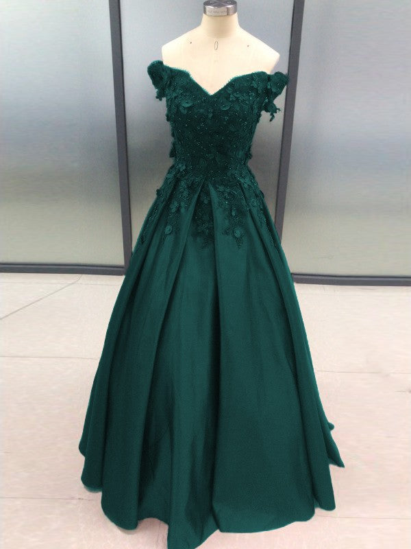 Ball Gown Sleeveless Off-the-Shoulder With Applique Satin Floor-Length Prom Dress