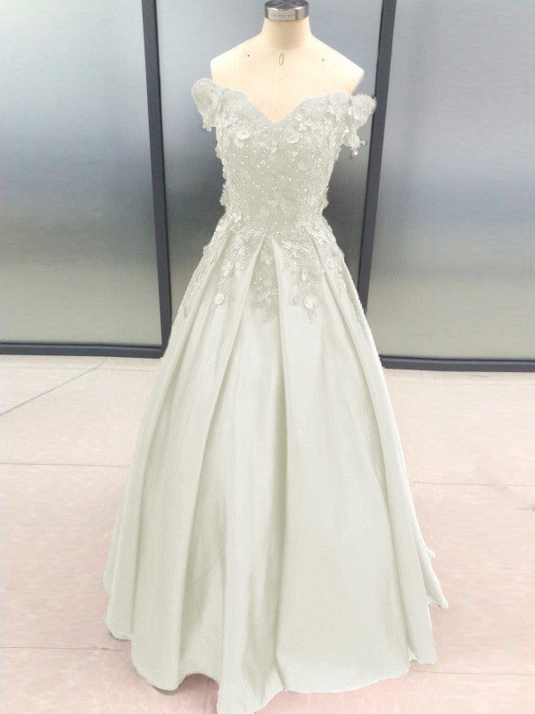 Ball Gown Sleeveless Off-the-Shoulder With Applique Satin Floor-Length Prom Dress