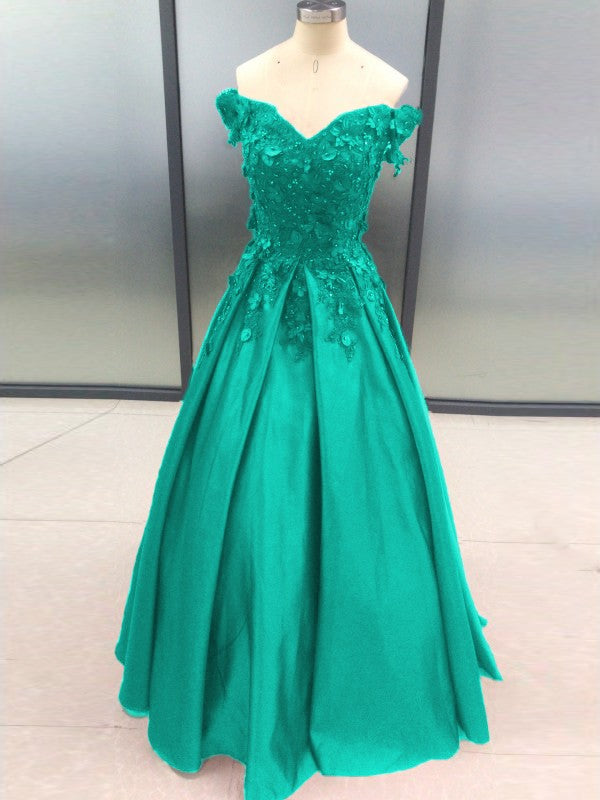 Ball Gown Sleeveless Off-the-Shoulder With Applique Satin Floor-Length Prom Dress