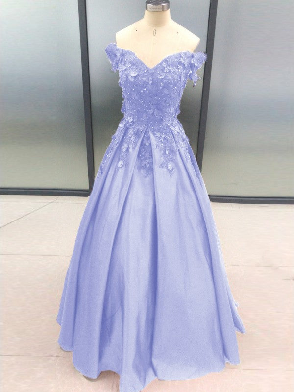 Ball Gown Sleeveless Off-the-Shoulder With Applique Satin Floor-Length Prom Dress