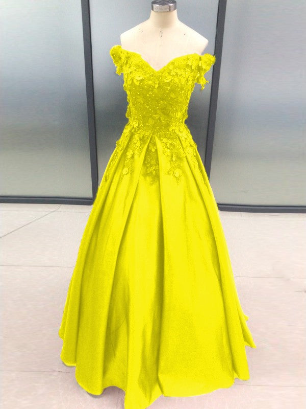 Ball Gown Sleeveless Off-the-Shoulder With Applique Satin Floor-Length Prom Dress