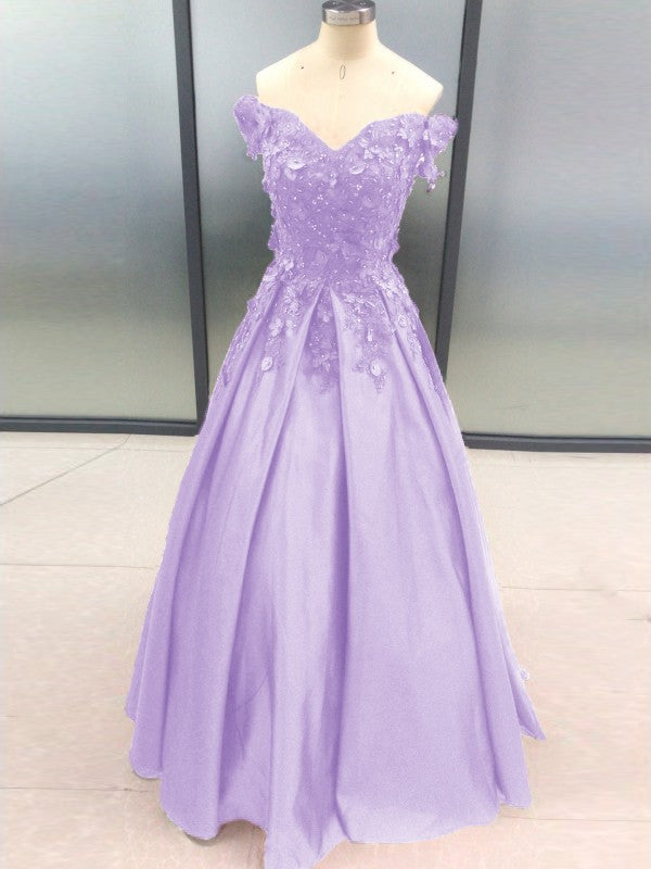 Ball Gown Sleeveless Off-the-Shoulder With Applique Satin Floor-Length Prom Dress