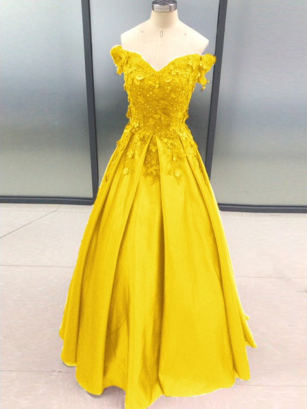 Ball Gown Sleeveless Off-the-Shoulder With Applique Satin Floor-Length Prom Dress