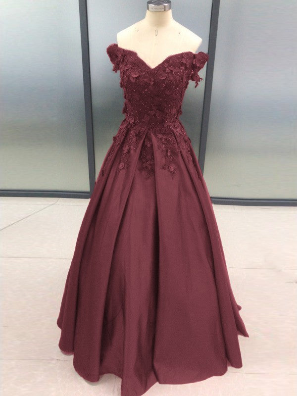 Ball Gown Sleeveless Off-the-Shoulder With Applique Satin Floor-Length Prom Dress