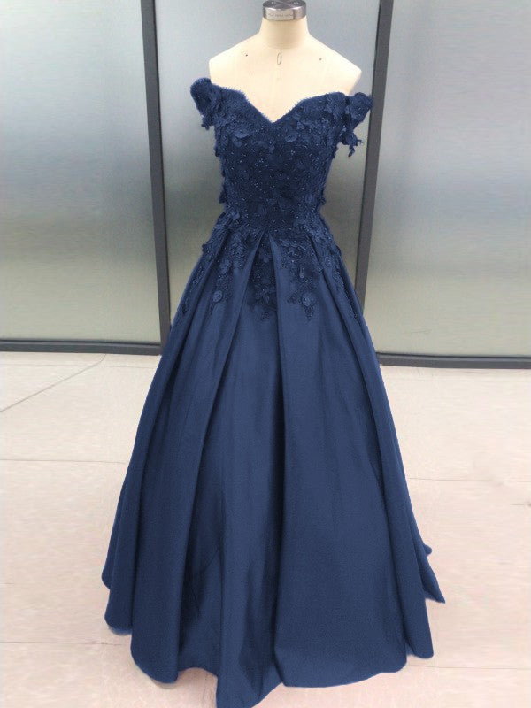 Ball Gown Sleeveless Off-the-Shoulder With Applique Satin Floor-Length Prom Dress