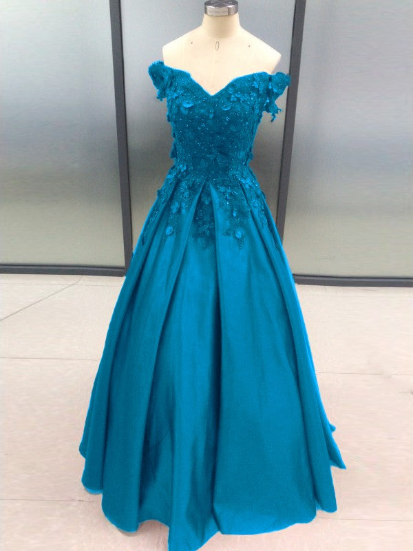 Ball Gown Sleeveless Off-the-Shoulder With Applique Satin Floor-Length Prom Dress