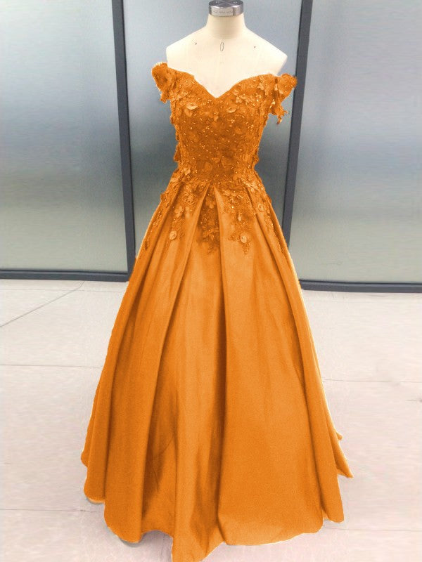 Ball Gown Sleeveless Off-the-Shoulder With Applique Satin Floor-Length Prom Dress