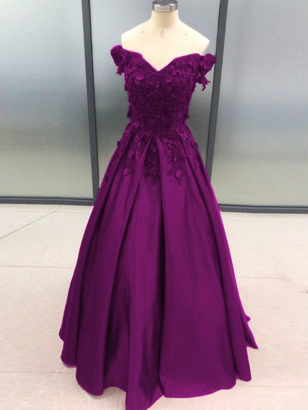 Ball Gown Sleeveless Off-the-Shoulder With Applique Satin Floor-Length Prom Dress