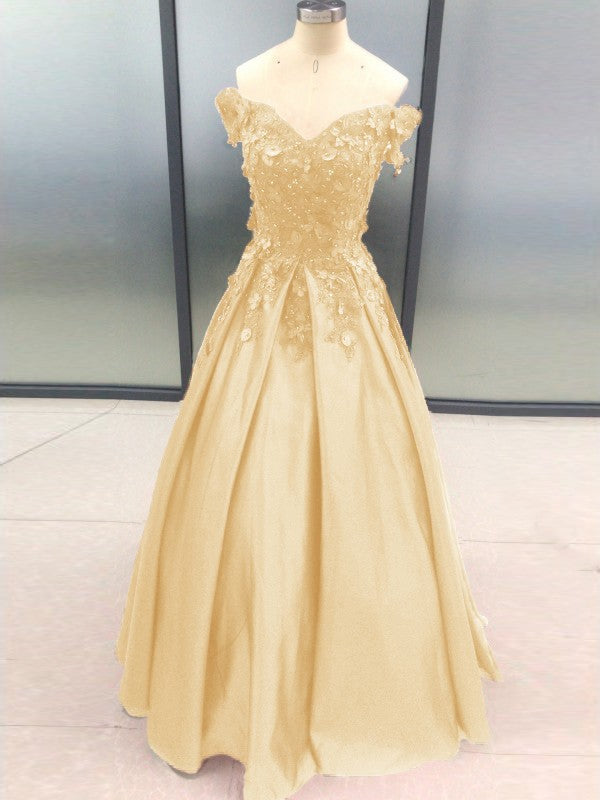 Ball Gown Sleeveless Off-the-Shoulder With Applique Satin Floor-Length Prom Dress