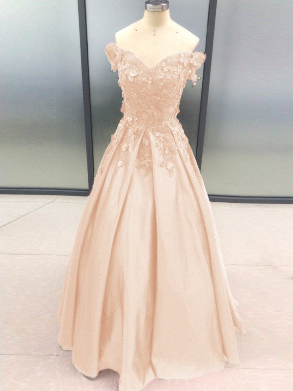 Ball Gown Sleeveless Off-the-Shoulder With Applique Satin Floor-Length Prom Dress