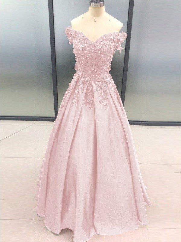 Ball Gown Sleeveless Off-the-Shoulder With Applique Satin Floor-Length Prom Dress