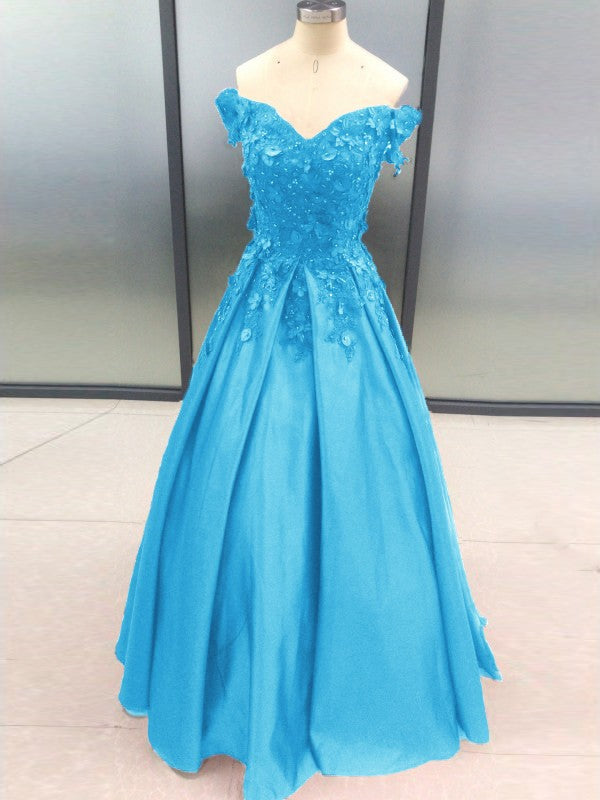 Ball Gown Sleeveless Off-the-Shoulder With Applique Satin Floor-Length Prom Dress
