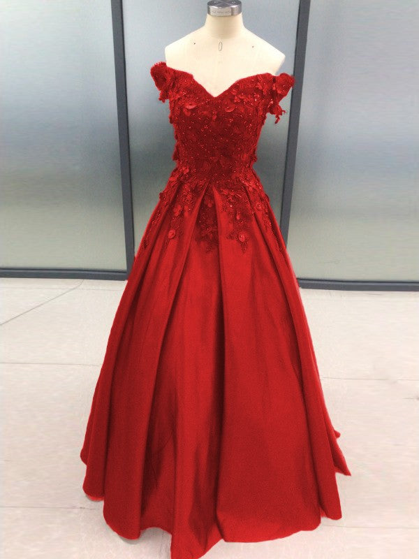 Ball Gown Sleeveless Off-the-Shoulder With Applique Satin Floor-Length Prom Dress